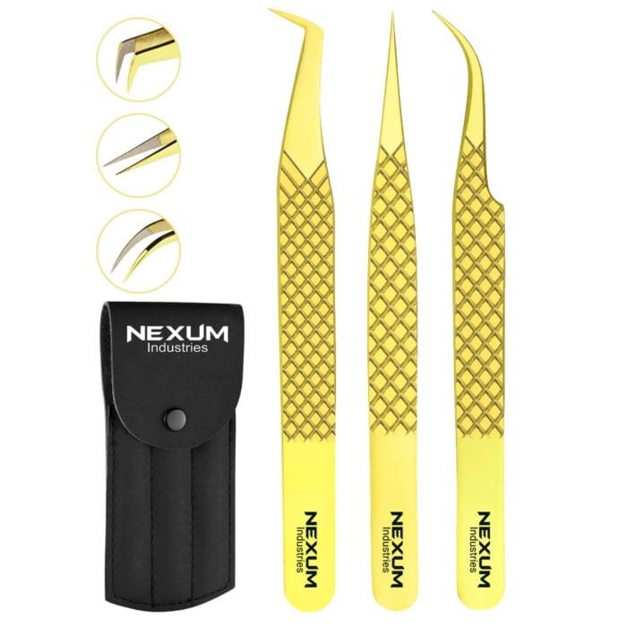 Eyelash tweezers set of 3 nexum industries gold