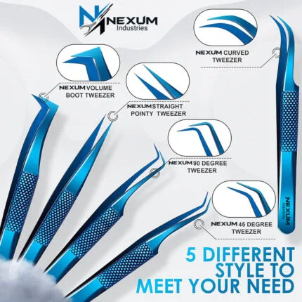 Eyelash tweezers set of 5 nexum industries blue 13