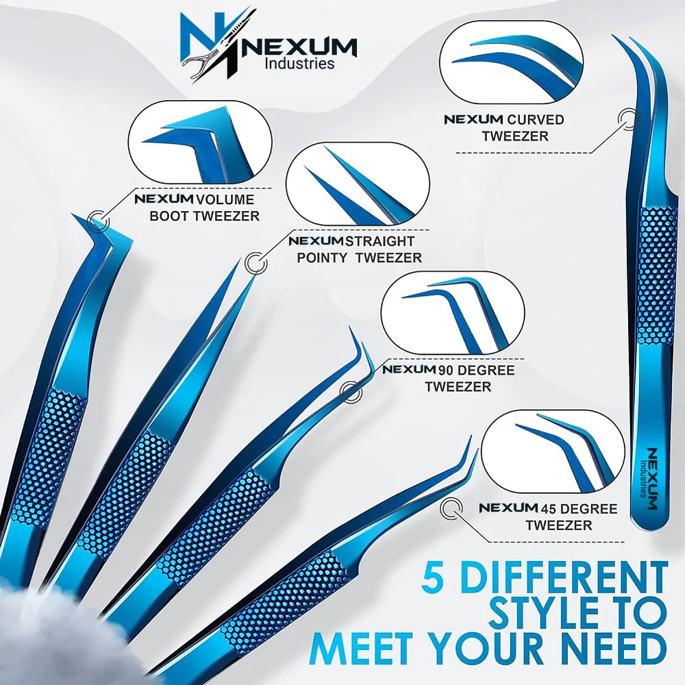 Eyelash tweezers set of 5 nexum industries blue 13