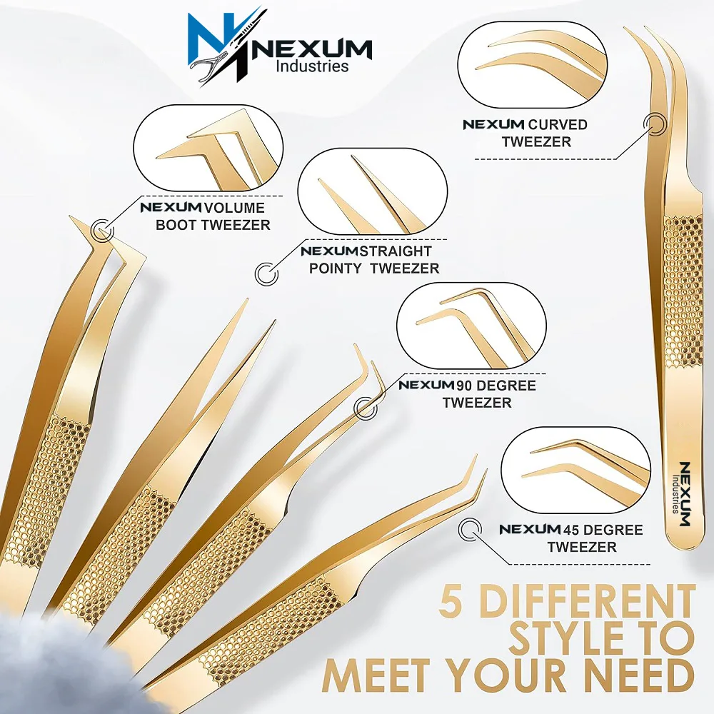 Eyelash tweezers set of 5 nexum industries gold 14