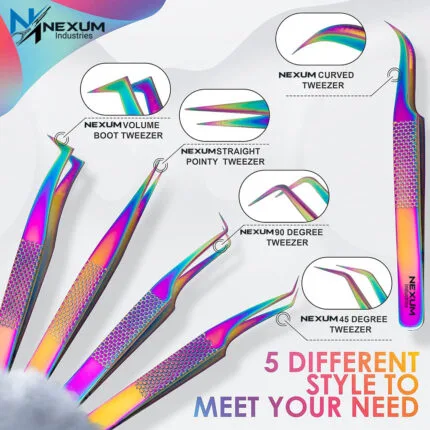 Eyelash tweezers set of 5 nexum industries multi color 15