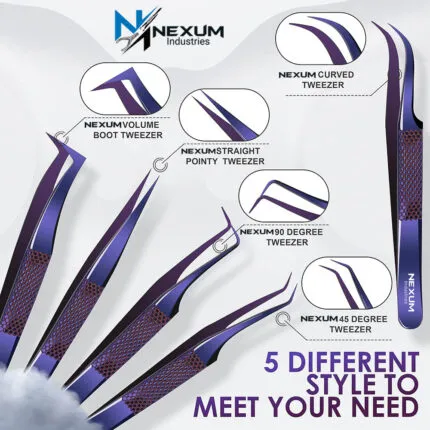 Eyelash tweezers set of 5 nexum industries purple 16