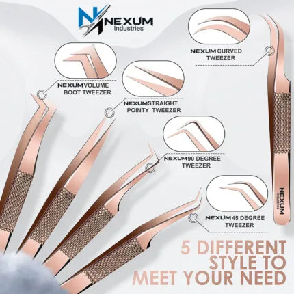 Eyelash tweezers set of 5 nexum industries rose gold 17