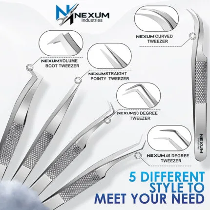 Eyelash tweezers set of 5 nexum industries silver 18