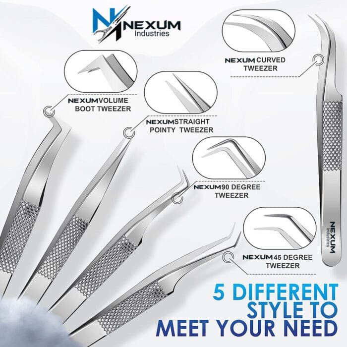 Eyelash tweezers set of 5 nexum industries silver 18