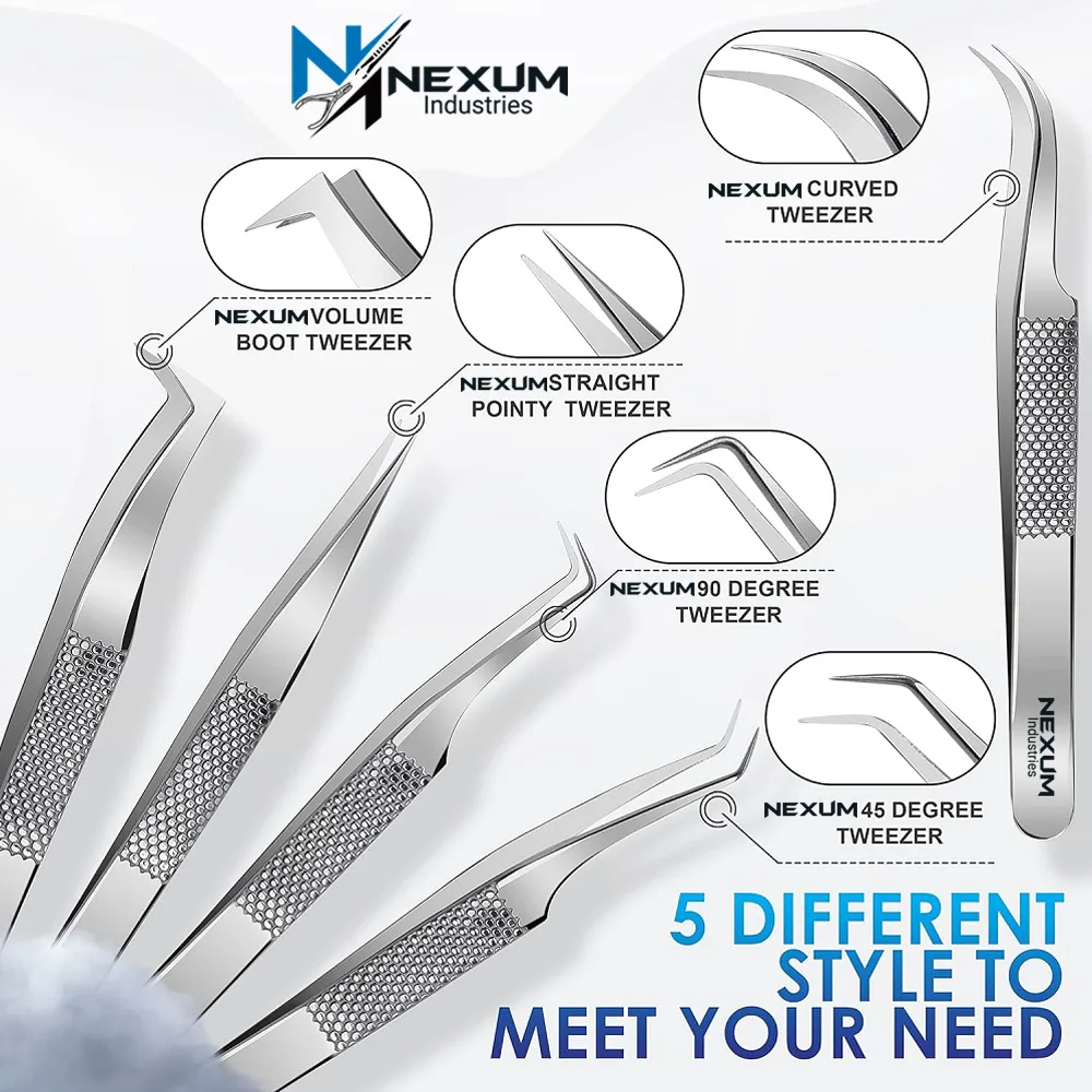 Eyelash tweezers set of 5 nexum industries silver 18